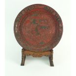 A Chinese two colour cinnabar lacquer tray and hard wood stand, Qianlong Period (1735-1796),