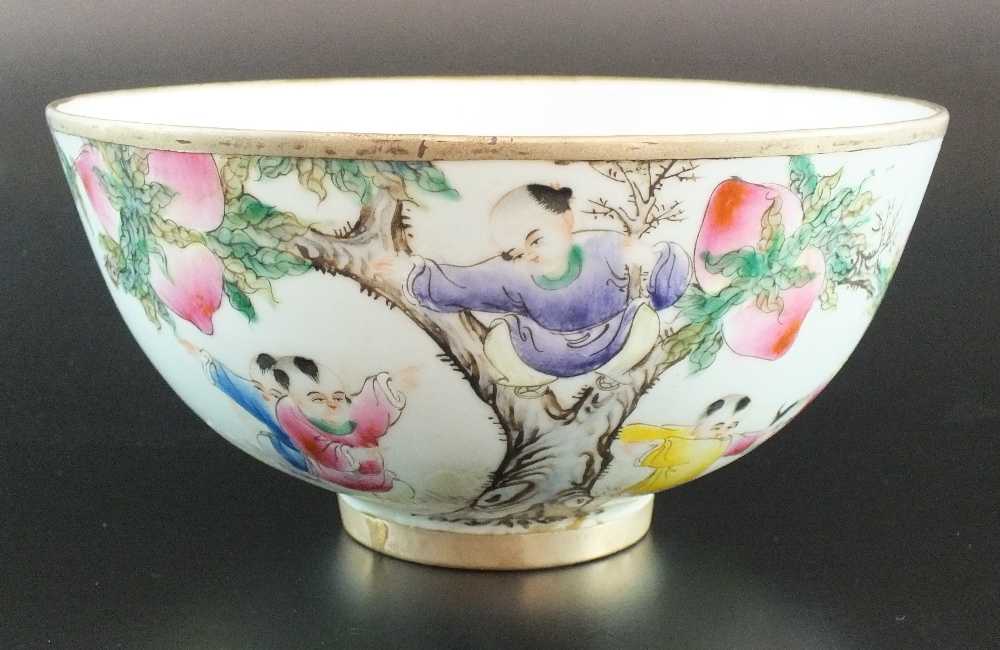 A Chinese famille rose bowl with metal mounted rim and foot, mid 20th century,