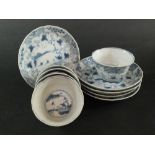 Ca Mau: Five blue and white 'Landscape, Panel and Trellis' pattern saucers, circa 1725,