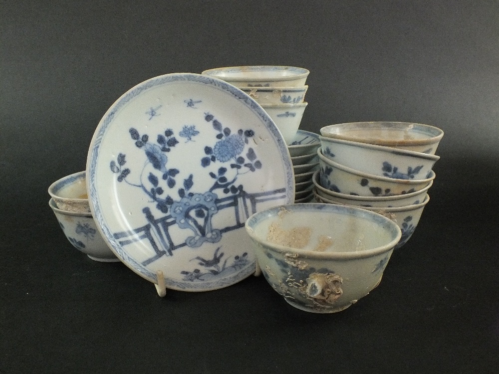 Ca Mau: Ten blue and white 'Rocks on a Terrace' pattern saucers, circa 1725,