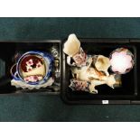 Two boxes of glassware and ceramics to include a group of three jugs, lobed Japanese dishes,
