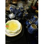 A collection of German Westerwald salt-glazed stonewares, with a pair of lobed glass bowls,