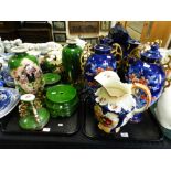 A collection of Victorian ornamental wares to include a dark blue ground timepiece garniture,