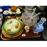 A Japanese blue and white twin handled vase, a strainer dish on stand,