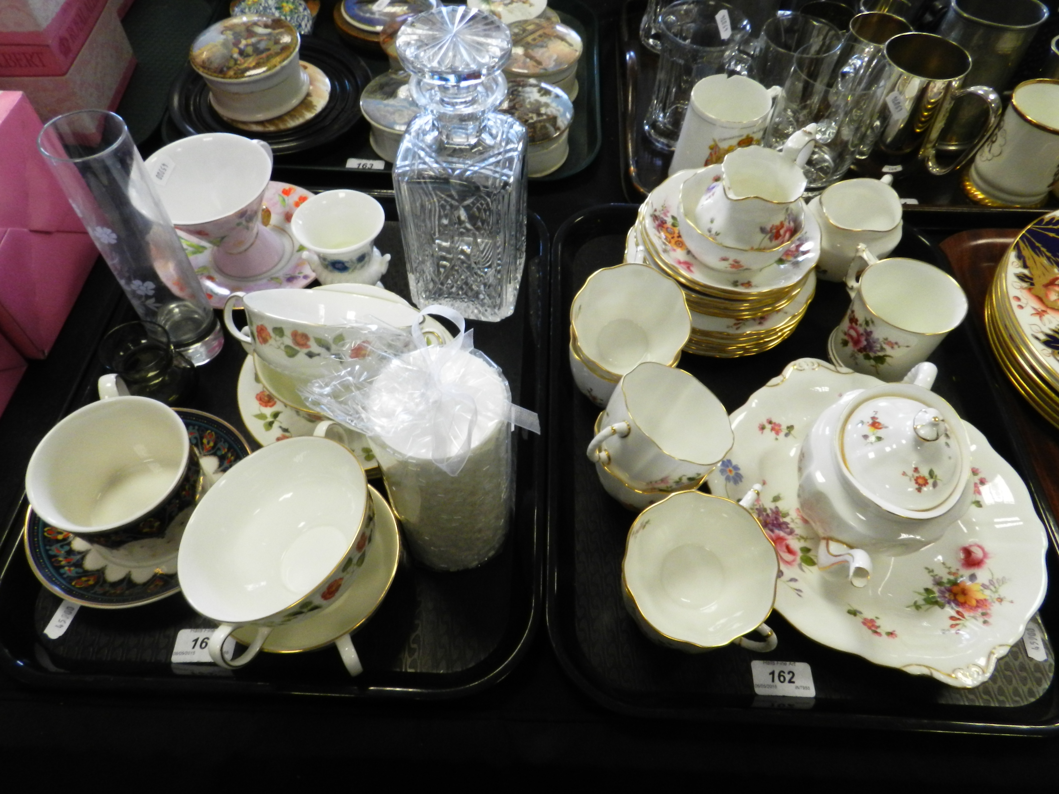 Two trays to include a Stuart Crystal decanter and stopper,