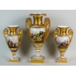 A matched garniture of three Paris Empire style porcelain gilt ground twin handled vases,