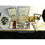 A cased set of six silver handled side knives, together with a quantity of silver plated cutlery,