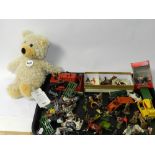 A Steiff teddy bear, together with various cast farmyard toys,