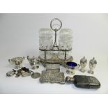 A group of various silver and plated wares to include: a Chester silver condiment set of reeded