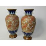 A pair of Doulton Lambeth Chine vases by Rosina Brown circa 1905 of amphora shape and decorated in