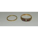 A ruby and diamond dress ring lacking one stone, together with a yellow metal wedding band,