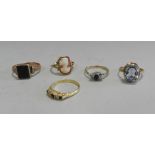 Two sapphire and diamond dress rings, together with a blood stone set signet ring,