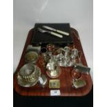 A collection of electroplate to include a condiment set, a cased set of six fish knives and forks,