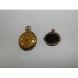 A 9ct gold lady's fob watch together with a 9ct gold fob inset with bloodstone and moss agate