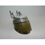 A silver plated mounted horse hoof ink well with engraved presentation to the cover*