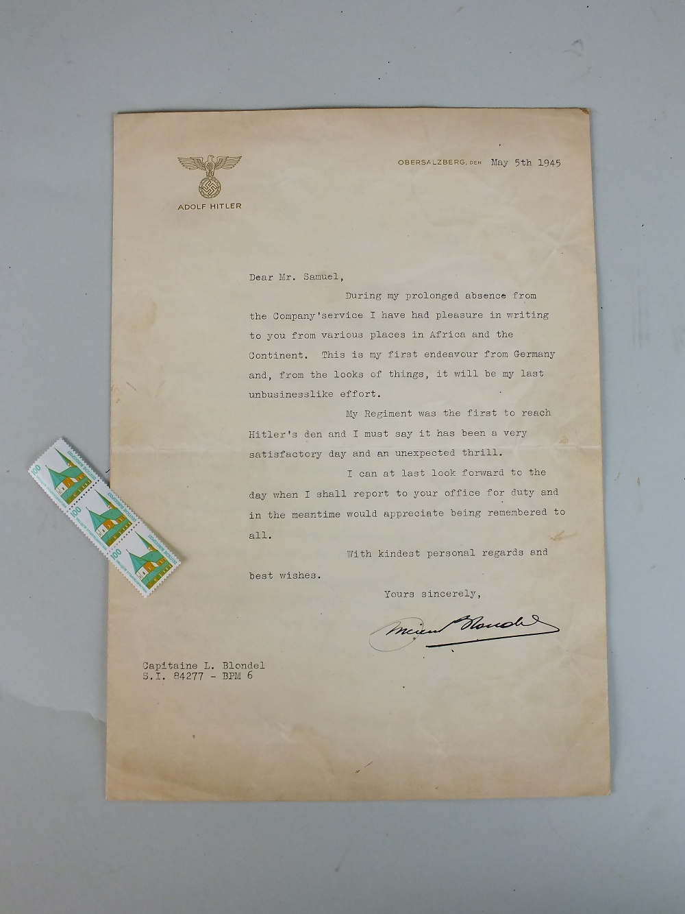 An unusual letter on captured personal Adolf Hitler headed notepaper, 'Obersalzberg' den May 5th,