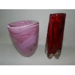 A Kosta Boda glass vase of amphora shape and internally decorated with pink cloudy swirls together