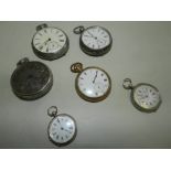 A collection of silver and white metal fob watches and pocket watches together with a gold plated