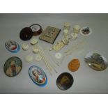 A collection of bone sewing equipment together with a collection of ceramic plaques etc.