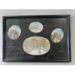 A framed set of four Indian miniature paintings depicting exterior and interior views of temple