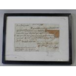 A mid 18th century French handwritten letter, framed and glazed front and back, dated 1745,