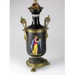 An Etruscan-style black ground vase, 19th century, converted to a table lamp, with metal mounts,