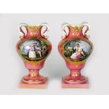 A pair of 'Sèvres' style pink-ground vase à oreilles, 19th century,