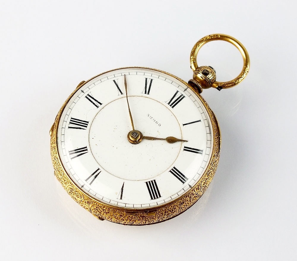 A mid-Victorian 18ct gold open face pocket watch, the white enamel dial with black Roman numerals,