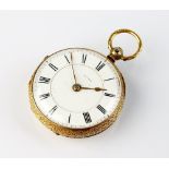 A mid-Victorian 18ct gold open face pocket watch, the white enamel dial with black Roman numerals,