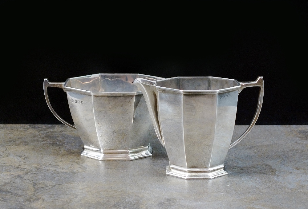 An Art Deco silver sugar bowl and cream jug, Adie Brothers Ltd, Birmingham 1937,