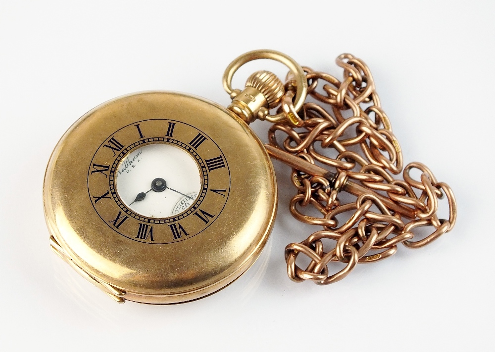 A Gentleman's 9ct gold Waltham half hunter pocket watch,