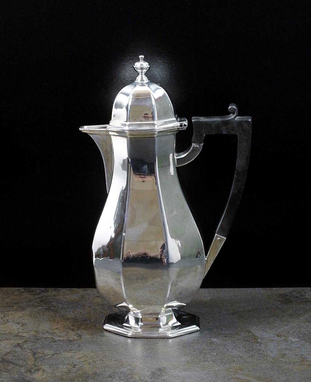 A George II style silver hot water jug, Mappin & Webb, Sheffield, date mark rubbed,