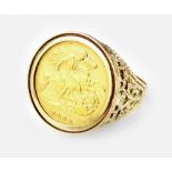 An 1899 half sovereign set ring, within decorative 9ct gold mount, ring size U, weight 9.
