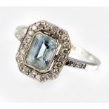 An Art Deco style aquamarine and diamond cluster ring,