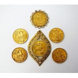 Six assorted sovereigns, two within pendant mounts, comprising; Victoria Jubilee head, dated 1892,