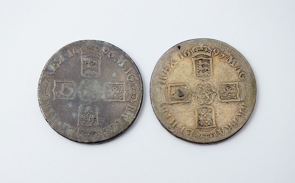 Two William III crowns, dated 1695 and 1696, together with two George III crowns, - Image 2 of 2