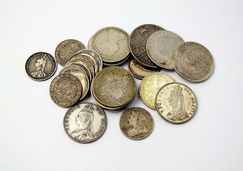 A collection of Victorian silver coinage, to include; crowns, double florins, half-crowns, florins,