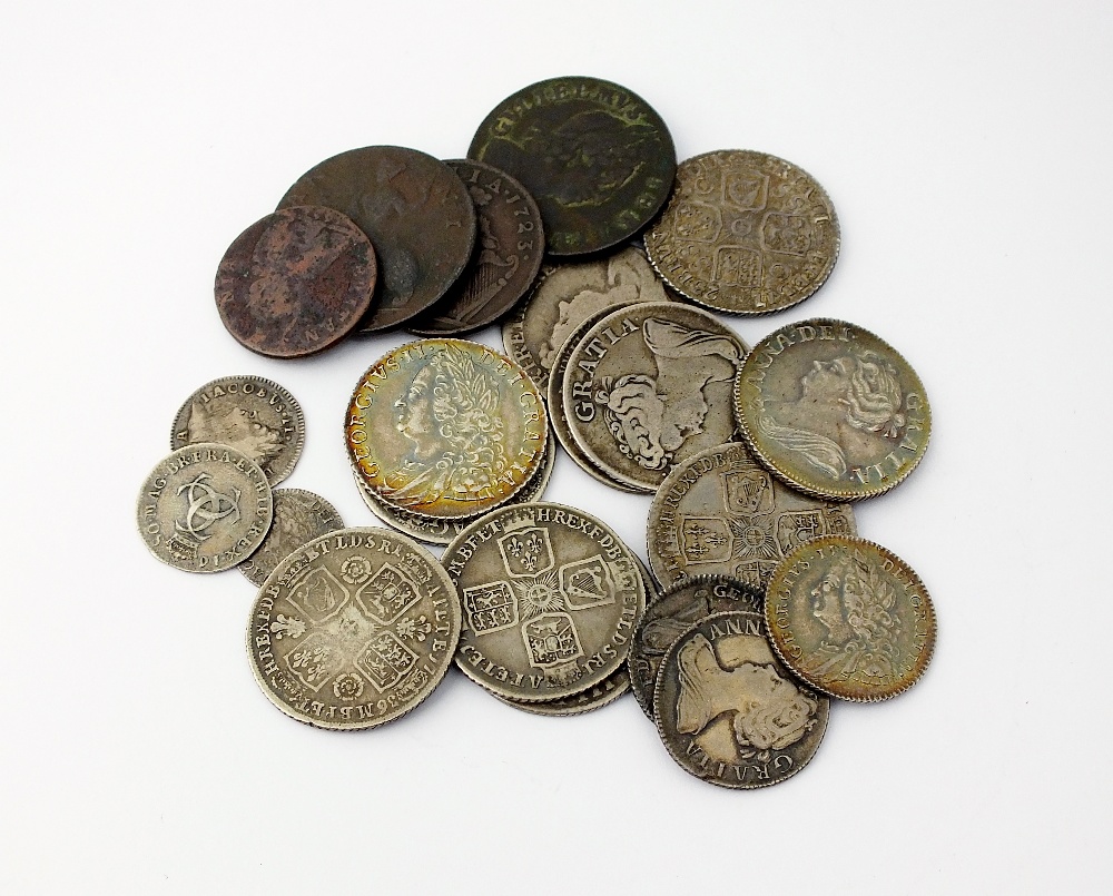 A collection of milled silver, Charles II to George II, comprising; shillings dated 1696, 1707,