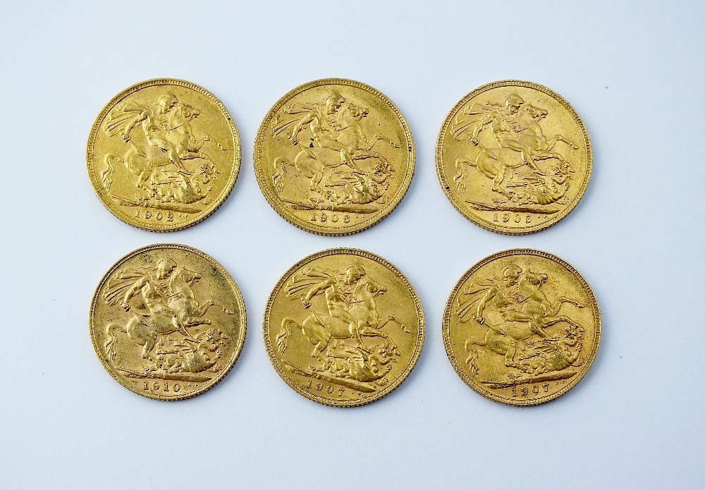 Six Edward VII sovereigns, dated 1902, 1905, 1906, - Image 2 of 2