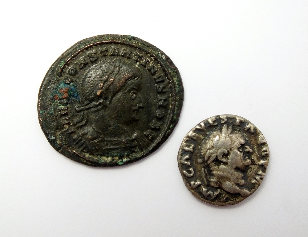 Vespasian Denarius, 69-79 AD, together with Constantine I The Great Bronze Follis,