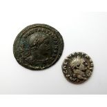 Vespasian Denarius, 69-79 AD, together with Constantine I The Great Bronze Follis,