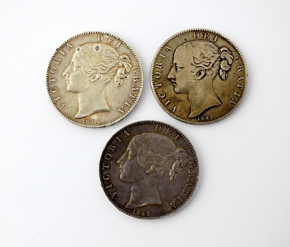 Three Victoria crowns, dated 1845, young head, ref S.