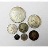 A George IV crown, dated 1821, together with three shillings, dated 1826, a William IV half crown,