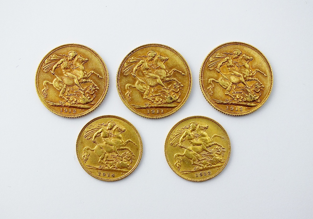 Three George V sovereigns, dated 1911, 1912 and 1918, together with two George V half sovereigns, - Image 2 of 2