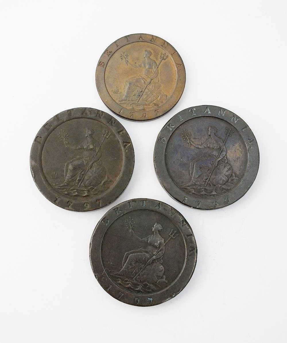 Three George III Cartwheel twopence, dated 1797, together with a Cartwheel penny, - Image 2 of 2