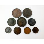 A collection of George III copper coinage, comprising; three pennies, dated 1806, halfpennies,