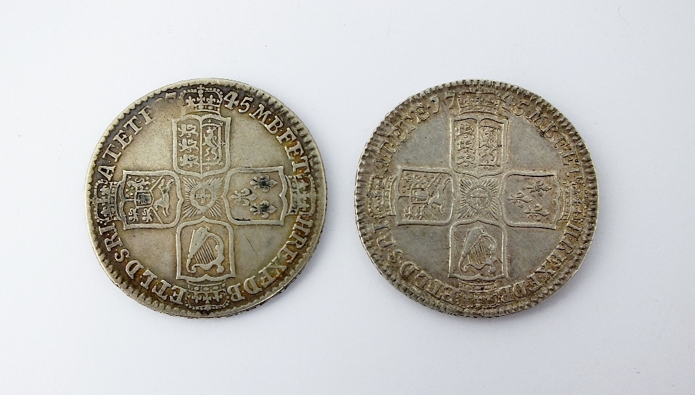 Two George II half crowns, dated 1745, Lima below bust, Decimo Nono edge, ref S. - Image 2 of 2