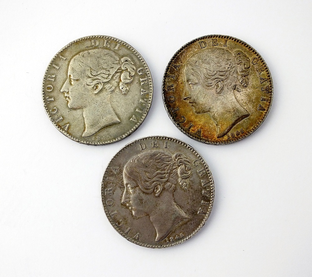 Three Victoria crowns, dated 1845, young head, ref S.