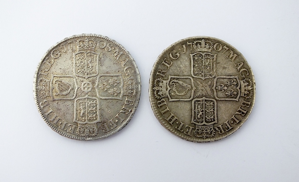 Two Queen Anne half crowns, one dated 1707, E below bust, Sexto edge, ref S. - Image 2 of 2