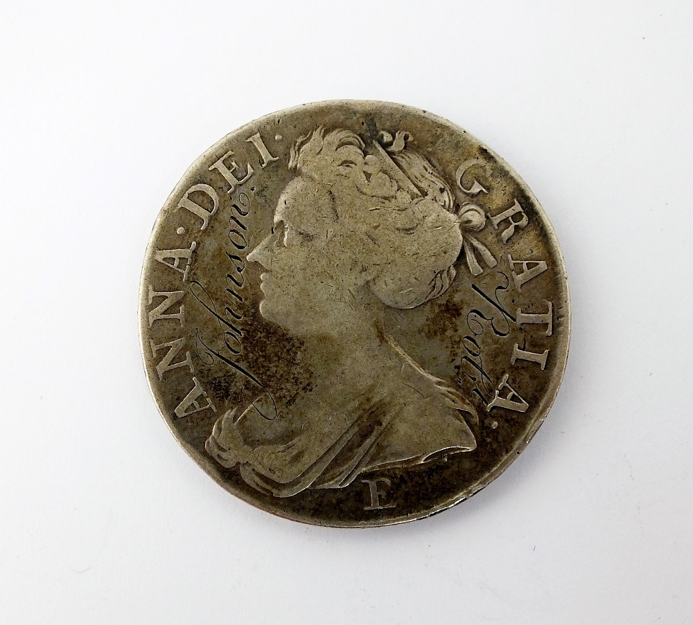 A Queen Anne crown, dated 1708, second bust, Septimo edge, E below bust, ref S.